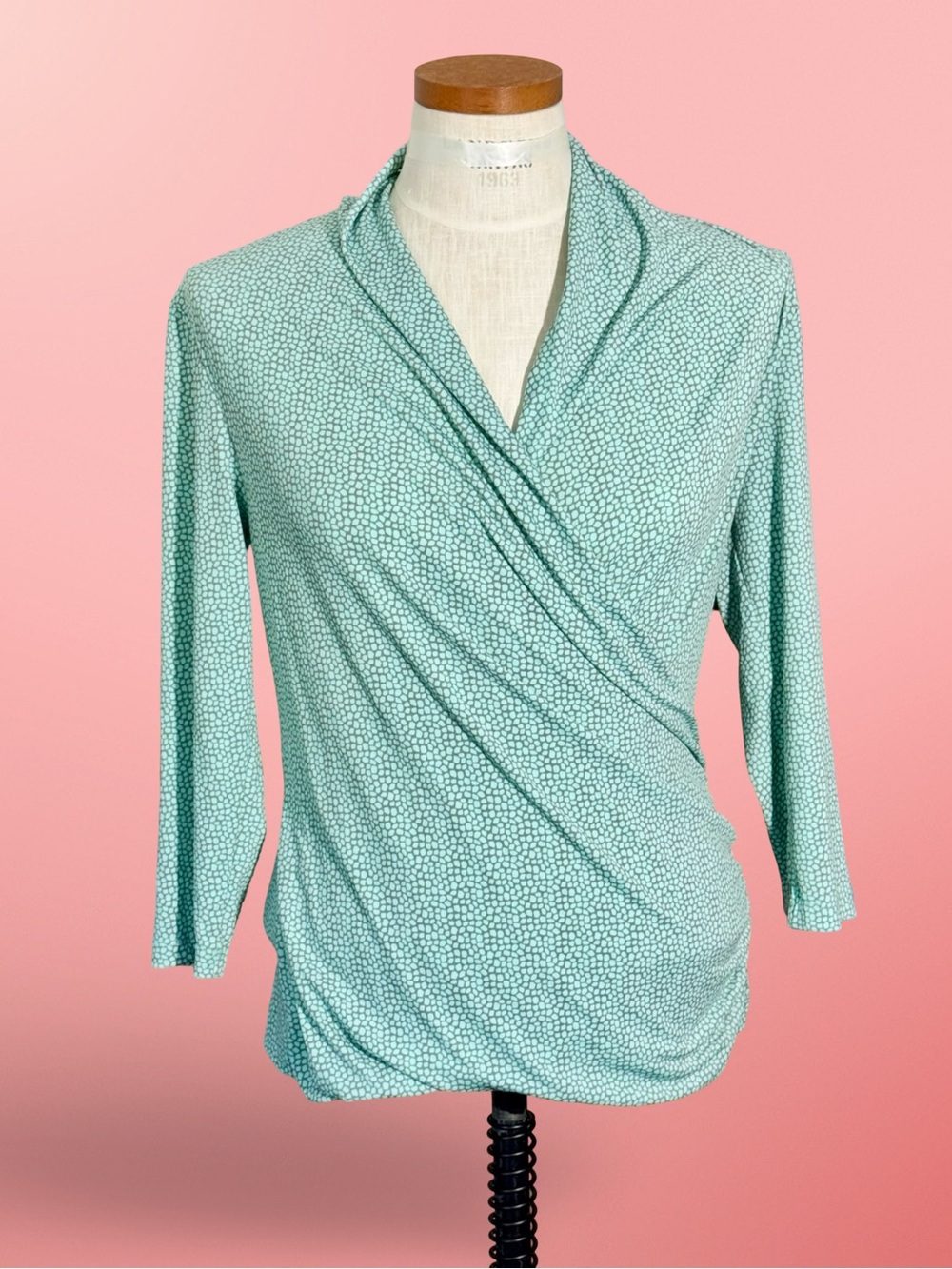 Chaus New York Mint Green Print Faux-Wrap Long Sleeve Faux-wrap Blouse SzM